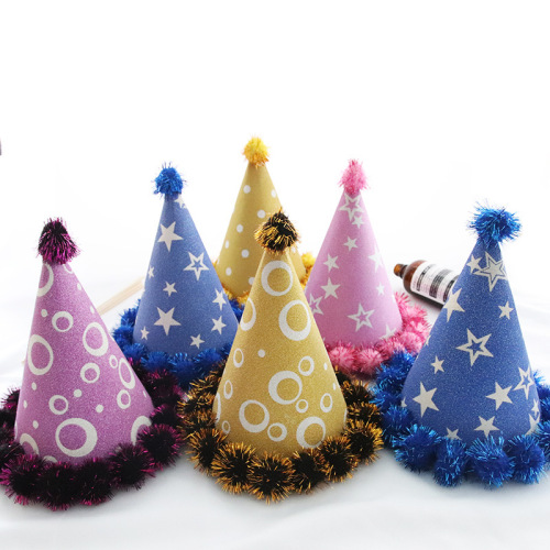 birthday hat children adult birthday party decoration cap glitter paper fur ball pointed top paper hat party hat wholesale