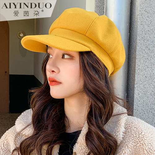 hat factory solid color woolen octagonal hat female korean hot girl all-match casual newsboy hat british retro beret