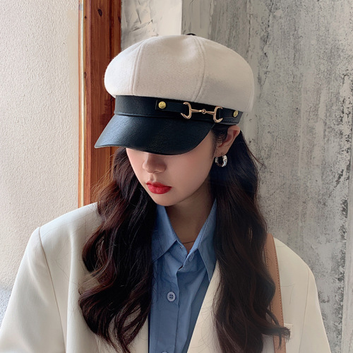 New Beret Women‘s All-Match Leather Buckle Octagonal Hat Korean Style Peaked Cap Japanese British Retro Painter Newsboy Hat Tide
