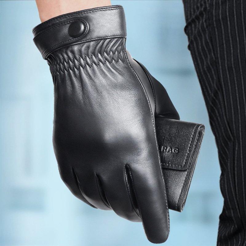 Pure Sheepskin Leather Gloves Men's Fleece-Lined Warm Winter Cycling and Driving Thin Touch Scr