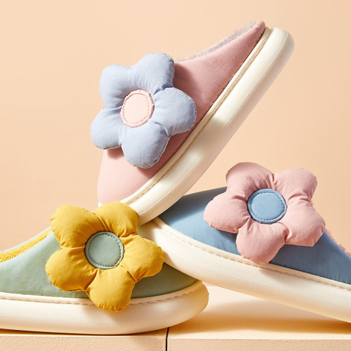 autumn and winter indoor home warm slippers cute color matching flower couple closed toe cotton slippers