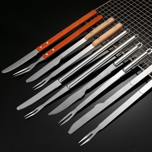 stainless steel barbecue knife and fork roast lamb leg knife and fork set lengthened thickened barbecue tools anti-scald and non-slip