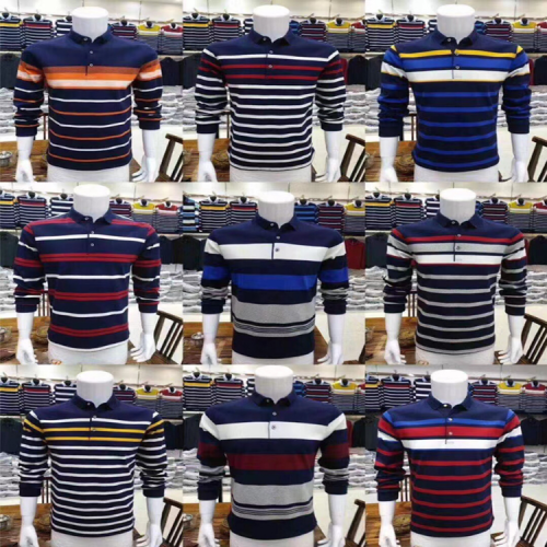 real pocket spring and autumn young and middle-aged cotton loose t-shirt top men‘s striped lapel long sleeve polo shirt for dad