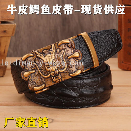factory wholesale all-match crocodile belt men‘s automatic buckle real belt belt pure cowhide lengthened large waist belt