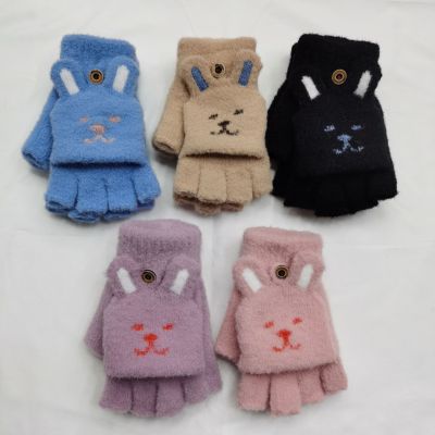 2020 Cartoon Velvet Cute Rabbit Ears Student Flip Korean Half Finger Warm Writing Gloves Factory Wholesale