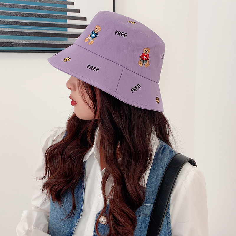 2021 Embroidery Hat Bear Bucket Hat Female Korean Style Outdoor Casual Autumn Summer Sun Hat Show Fa