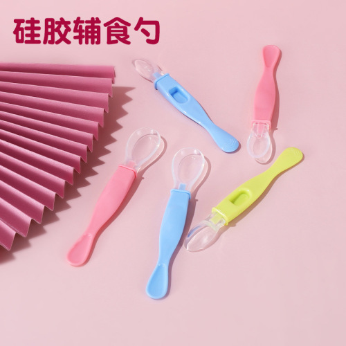 Factory Wholesale Silicone Soft Spoon Baby Training Color Food Supplement Bent Spoon Baby and Infant Silicone Spoon