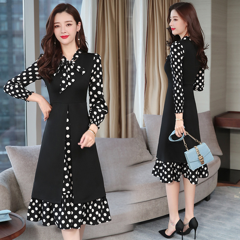 Autumn Dress For Women 2021 Spring And Autumn New Polka-Dot Self-Tie Waist-Controlled Long Sleeves D