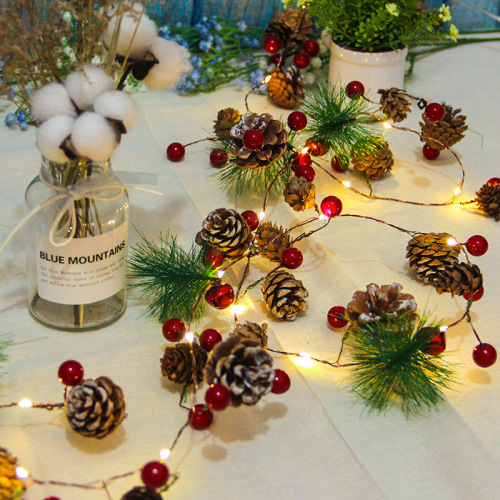 new Amazon Led Copper Wire Lamp Christmas Pine Cone Lamp String Pine Needle Decoration Small Mulberry Fruit Pull Flag Creative Decorative Lamp