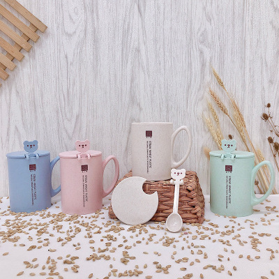 Korean Style Simple Cartoon with Spoon and Lid Wheat Straw Cup Couple Drinking Coffee Milk Brewing Mug Water Glass
