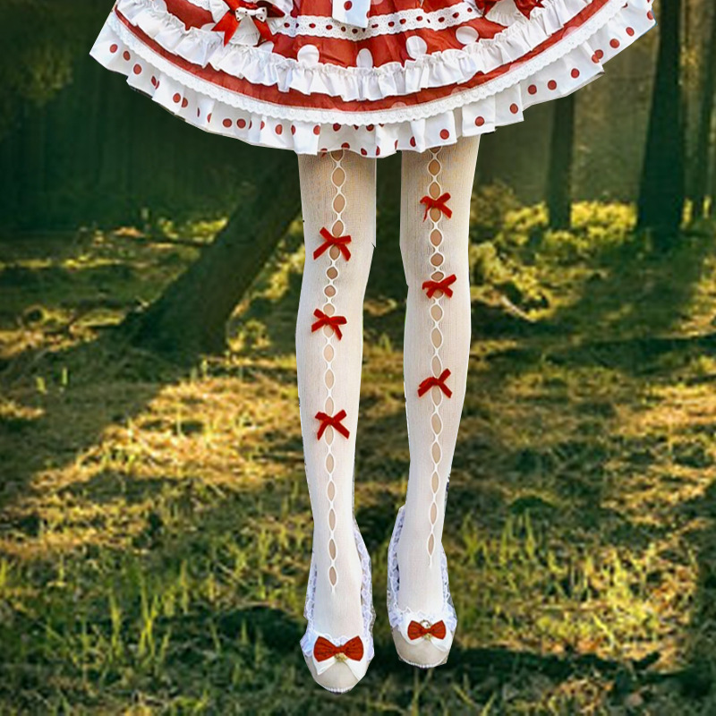 New JK Female Hollow Bow Romper Mesh Socks Autumn Thin Beige Lolita Sweet Trendy Socks