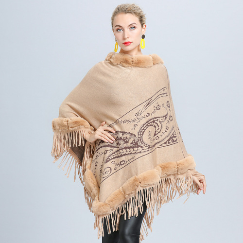 shawl autumn and winter women‘s knitted outerwear foreign trade european and american fur colr jacquard cloak tassel shawl