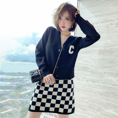 Comfortable Sports Style Ponte De Roma Cardigan Coat + Chessboard Plaid Knitted Overskirt Suit Female 2021 Autumn New