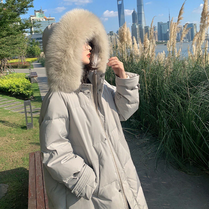 Hu Chuliang Same Style 2021winter New Fox Big Fur Collar down Jacket Women's Mid-Length White D