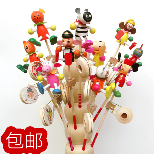 Special Offer Hot Sale Hot Sale Wooden Wooden Wooden Man Drum-Shaped Rattle Happy Puppet Hand Swinging Tambourine Stall Temple Fair Hot Selling Toys