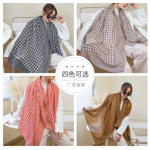 New Cotton and Linen Scarf Four-Color Printing Classic Houndstooth Long Spring and Autumn Scarf Foreign Trade Scarf Shawl