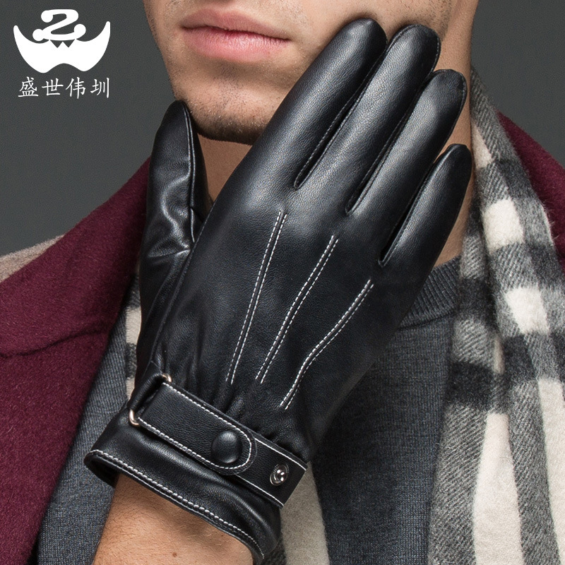 Leather Gloves Men's Warm with Velvet Thickened Korean Style Driving and Riding Electric Car Fa