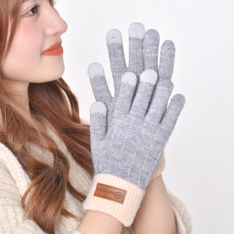 Factory Autumn and Winter Gloves in Stock Wholesale Knitted Jacquard Touch Screen Fleece-Lined Warm 