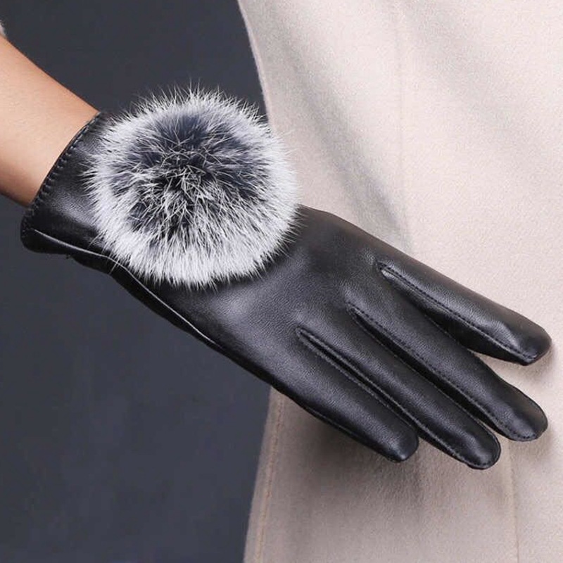 Leather Gloves Touch Screen Women's Autumn and Winter Fur Ball Clothing Outdoor Riding Fleece-L