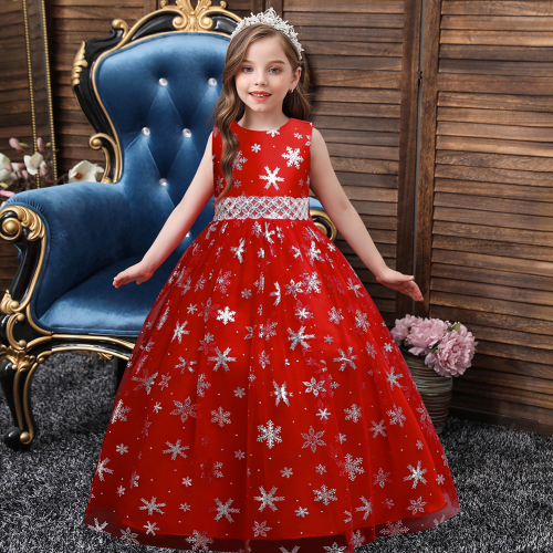 christmas children‘s dress princess dress long printed mesh skirt dance skirt 5-14 years old girl dress in stock
