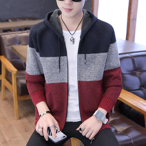 Autumn and Winter Cardigan Sweater Men‘s Plaid Hooded Casual Fashion Korean Trend New Knitwear Men‘s Winter Coat