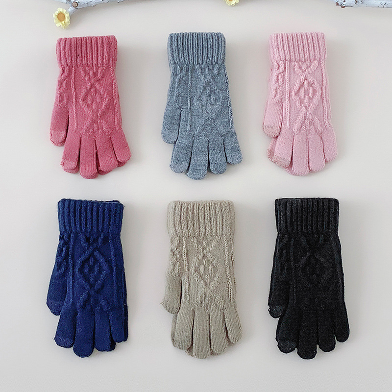Winter New Adult Women's Retro Solid Color Twist Jacquard Full Finger Knitted Touch Screen Warm