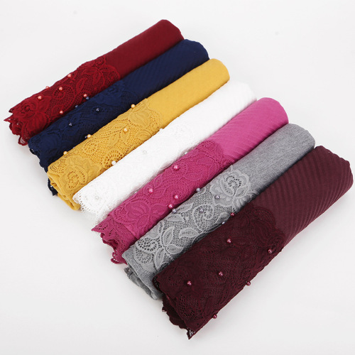 monochrome Cotton Crumpled Women‘s Closed-Toe Scarf Multi-Purpose Scarf Lengthened Lace Stitching Nail Pearl Elegant Long Scarf