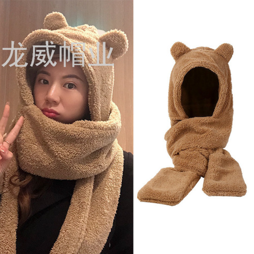 Bear Hat Scarf Gloves Integrated Female Autumn and Winter Protection outside Riding Windproof Warm Plush Bonnet