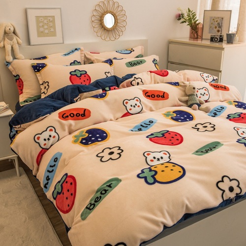Winter thickened Warm Milk Velvet Four-Piece Cartoon Double-Sided Flannel Quilt Cover Fitted Sheet Bedding Wholesale 