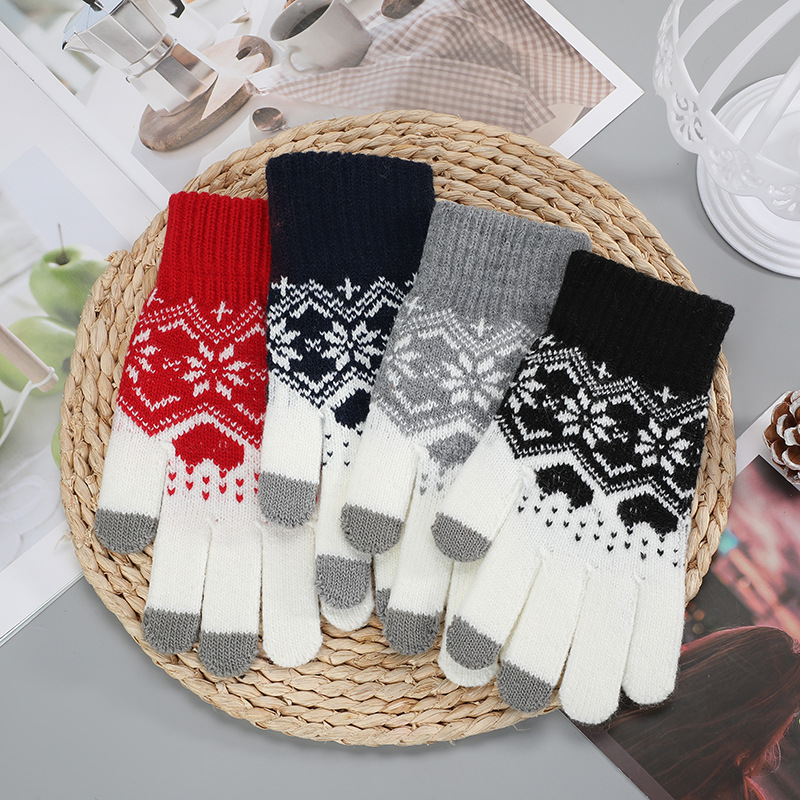 2021 Winter Knitted Touch-Screen Gloves Christmas Snowflake Love Wool Couple Men and Women Warm Outd