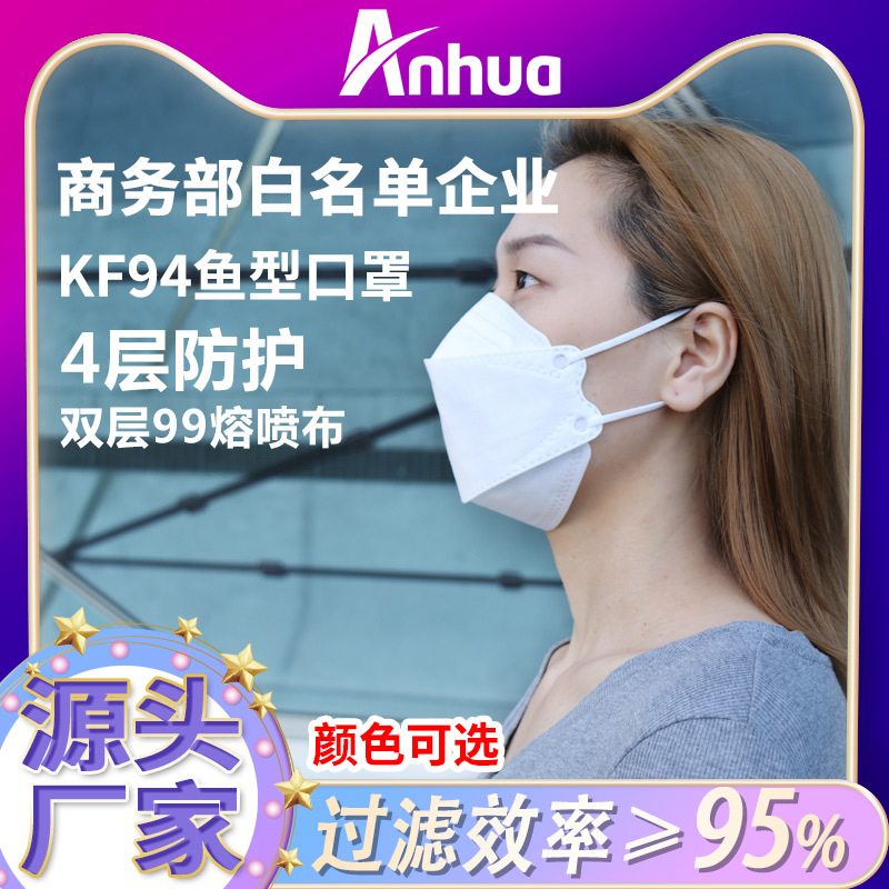 Korean Kf94 Fish Mouth Willow Leaf-Shaped KN95 Disposable Mask Silk Screen Logo Black Mask Factory W