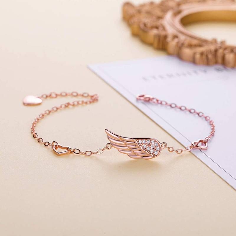 S925 Wings Silver Bracelet Angel Wings Bracelet Doppel Herz European and American Amazon Foreign Tra