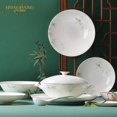huaguang national porcelain bone china tableware suit bowl and dish set household bowl plate chinese tableware set qingting