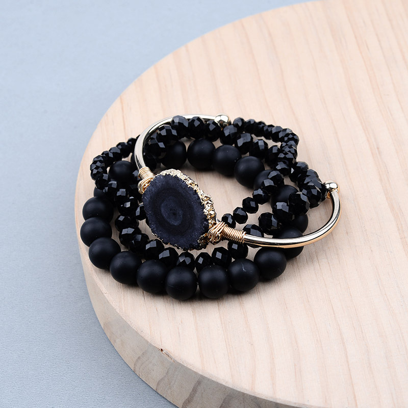DIY Gold Copper Bracelet Natural Gemstone Inlaid Bracelet Black Natural Stone Crystal round Beads Se