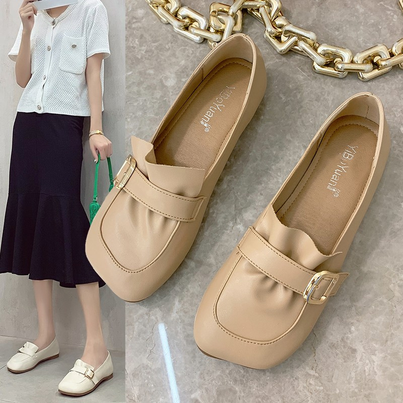 Square Toe Leather Shoes Female British Style 2021 Spring and Autumn New Student Slip-on Casual Loaf