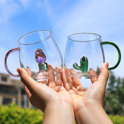 household glass cup with handle cute cartoon three-dimensional decoration single-layer cup borosilicate glass juice drink cup