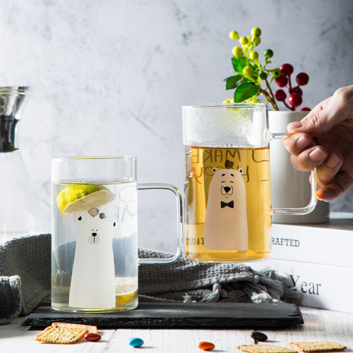 Printed Glass Single-Layer Cup Cartoon with Handle Bear Cup Household Juice Lemon Cup Office Coffee Milk Cup