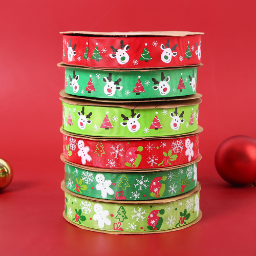 Christmas Ribbon Snowflake Christmas Tree Printing Red and Green Decorative Band Christmas Gift Packaging Ribbon Accessories Wholesale 