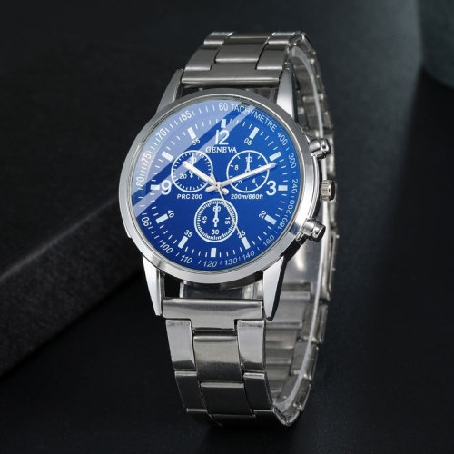 Geneva Geneva Men‘s Steel Strap Watch Casual Three-Eye Blue Light Glass Business Quartz Watch Gift Watch