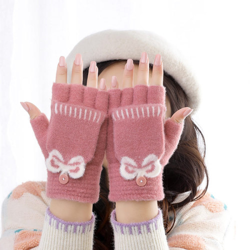Half Finger Flip Knitted Knitting Wool Gloves Women‘s Winter Cute Korean Style Student Fleece-Lined Warm Open Finger Cotton Gloves Autumn and Winter