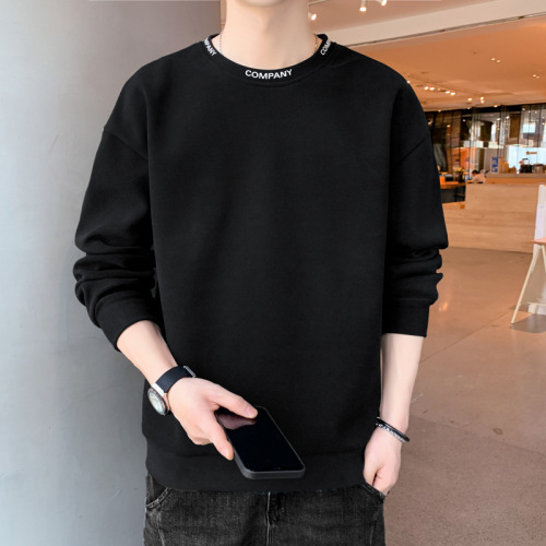solid color sweater men‘s spring and autumn de velvet long sleeve bottoming shirt neckline letter versatile casual top loose pullover