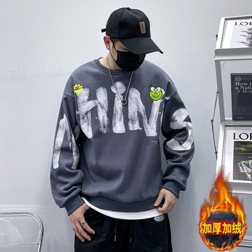 fashion brand letter graffiti sweater men‘s fleece-lined fun frog autumn and winter round neck pullover american casual loose top fashion