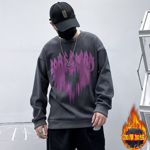 national fashion love flame foam printed necklace sweater men‘s fleece-lined thickened ins fashion brand loose couple clothes top