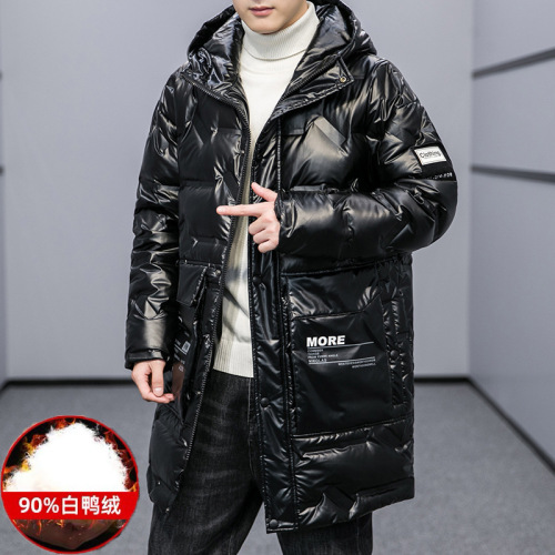Trendy Brand down Jacket Mid-Length Hooded Cotton Jacket Men‘s Trendy Fashion Shiny Surface Thick White Duck down Loose Pu Handsome Coat