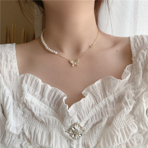 Korean Style Cool Super Fairy Pearl Butterfly Necklace Women‘s Simple All-Match Elegant Necklace Clavicle Chain