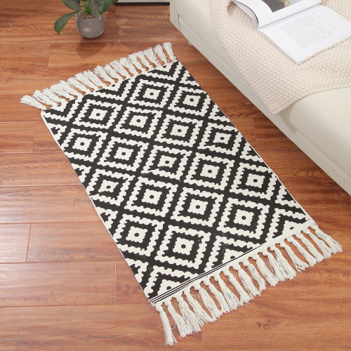 Cross-Border Cotton Yarn Printed Mat Geometric Carpet Tassel Hand-Woven Living Room Bedroom Floor Mat Home Door Mat