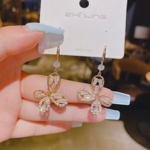25 Silver Needle South Korea Dongdaemun butterfly Micro-Inlaid Full Diamond Pendant Earrings Korean Fashion Zircon Earrings Female Jewelry 
