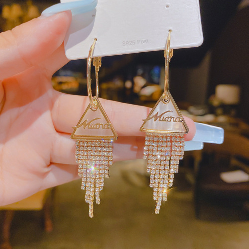 925 Silver Needle South Korea Dongdaemun Ins French Tassel Full Diamond Earrings Inlaid Zircon Sweet Earrings Slim Earrings