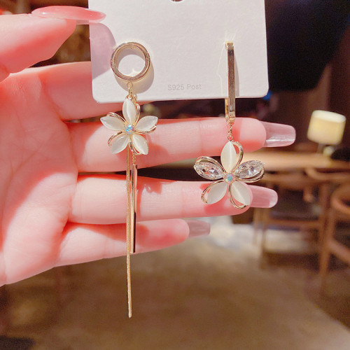 S925 Silver Needle Opal Petal Earrings Korean Temperament Personality AB Style Flower Tassel Earrings Long Earrings for Women
