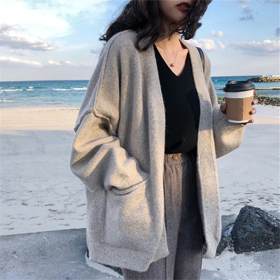 Lazy Sweater Coat Women's Autumn and Winter 2021 New Korean Style Loose Knitted Cardigan Solid Color Pocket Curling Top